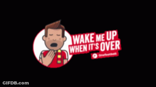 A Cartoon Of A Man Yawning With The Words Wake Me Up When It 'S Over Below Him GIF