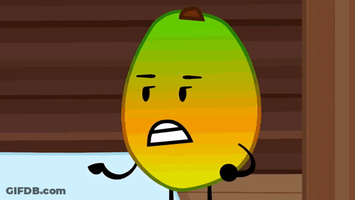 A Cartoon Of A Mango With A Microphone On Its Head . GIF