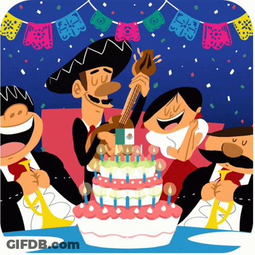A Cartoon Of A Mariachi Playing A Guitar In Front Of A Cake With Candles GIF