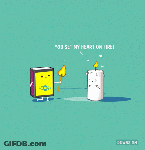 A Cartoon Of A Matchbox And A Candle With The Words You Set My Heart On Fire GIF