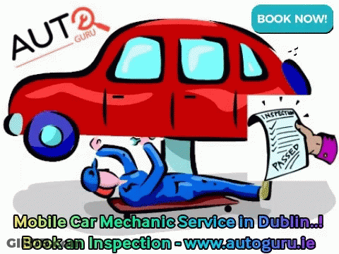 A Cartoon Of A Mechanic Working On A Car With The Words Mobile Car Mechanic Service In Dublin Book An Inspection On The GIF