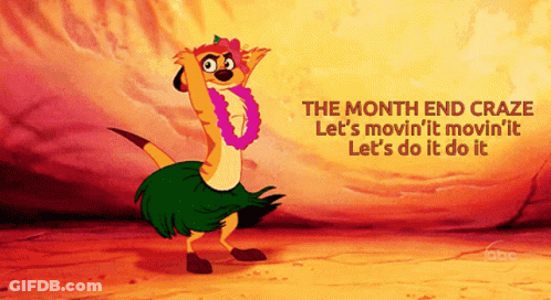 A Cartoon Of A Meerkat In A Hula Skirt With The Words The Month End Craze GIF