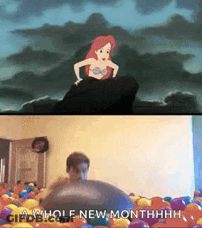 A Cartoon Of A Mermaid And A Picture Of A Man Playing With Balloons GIF