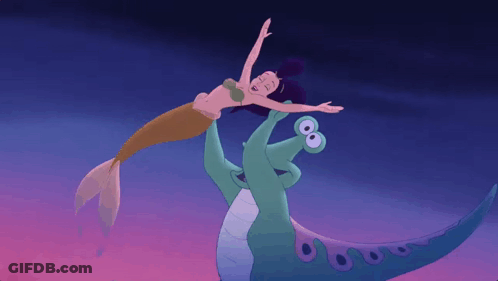 A Cartoon Of A Mermaid Being Lifted Up By A Dinosaur GIF