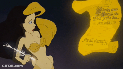 A Cartoon Of A Mermaid Holding A Feather Next To A Scroll That Says " For All Dearity Upheld " GIF