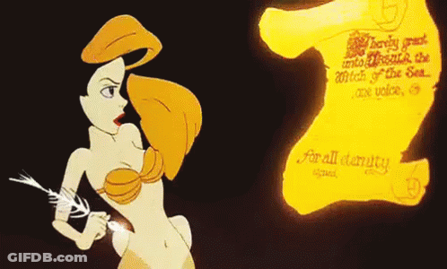 A Cartoon Of A Mermaid Holding A Spear Next To A Scroll That Says ' For All Eternity ' GIF