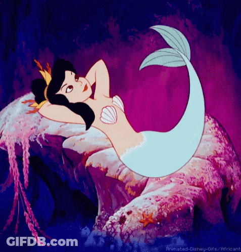A Cartoon Of A Mermaid Laying On A Rock With A Purple Background GIF