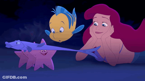A Cartoon Of A Mermaid Looking At A Fish And Starfish GIF