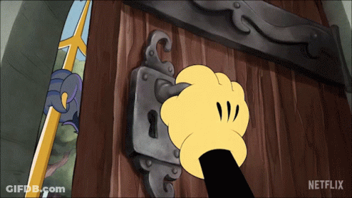 A Cartoon Of A Mickey Mouse Hand Opening A Door With A Netflix Logo In The Corner GIF