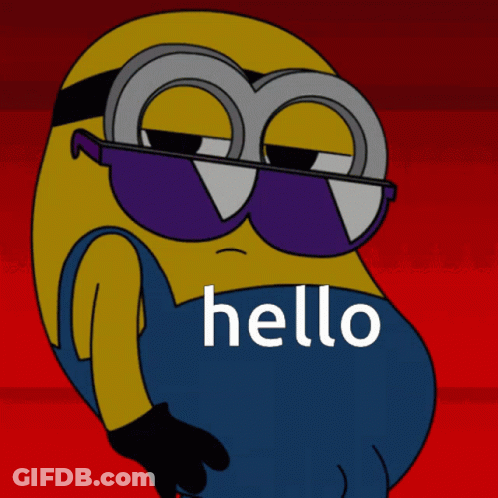 A Cartoon Of A Minion Wearing Sunglasses With The Word Hello Below Him GIF