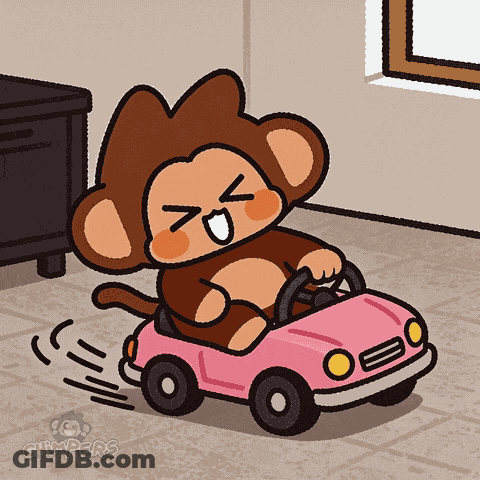 A Cartoon Of A Monkey Driving A Pink Toy Car With The Words Chiwpers On The Bottom GIF