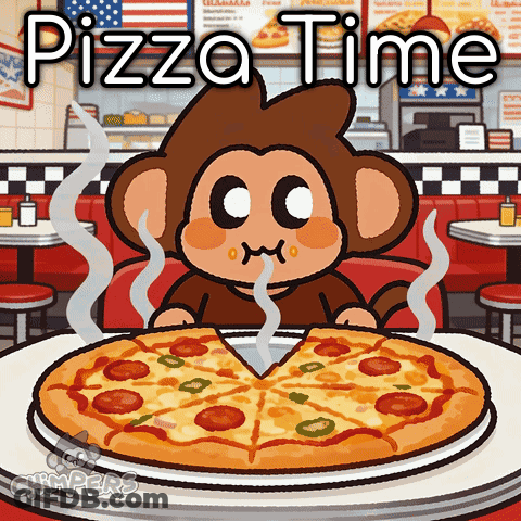 A Cartoon Of A Monkey Eating A Pizza With The Words Pizza Time Written Above It GIF