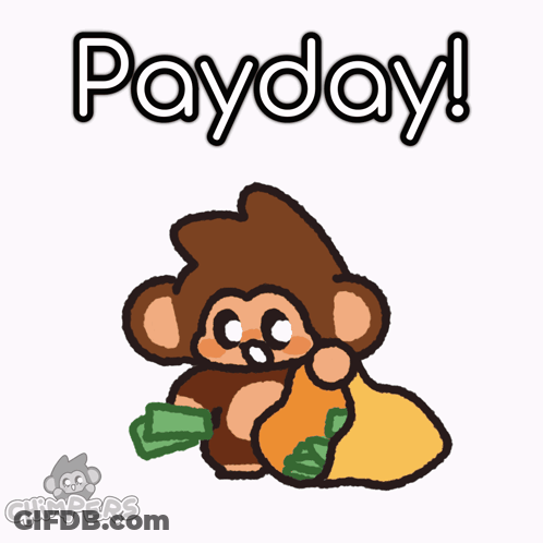 A Cartoon Of A Monkey Holding A Bag Of Money With The Word Payday Above It GIF