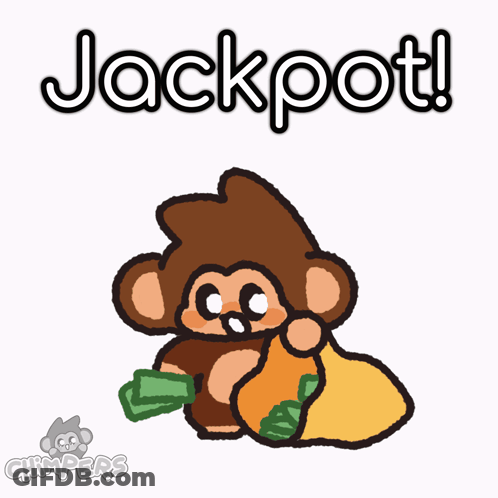 A Cartoon Of A Monkey Holding A Bag Of Money With The Words Jackpot Above It GIF