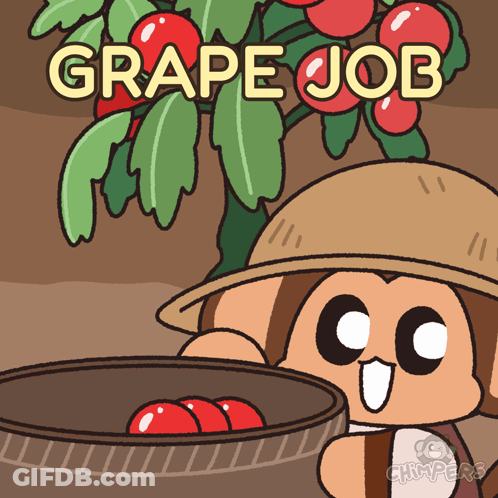 A Cartoon Of A Monkey Holding A Basket Of Grapes With The Words Grape Job Written Above It GIF