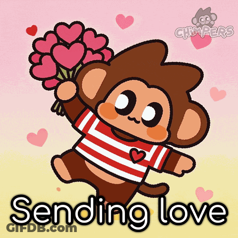 A Cartoon Of A Monkey Holding A Bouquet Of Hearts And The Words Sending Love Below It GIF