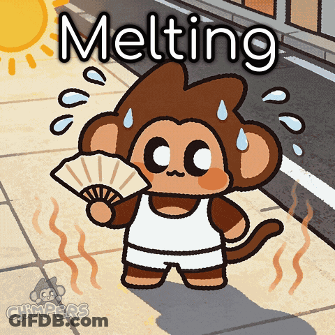 A Cartoon Of A Monkey Holding A Fan With The Word Melting Above Him GIF