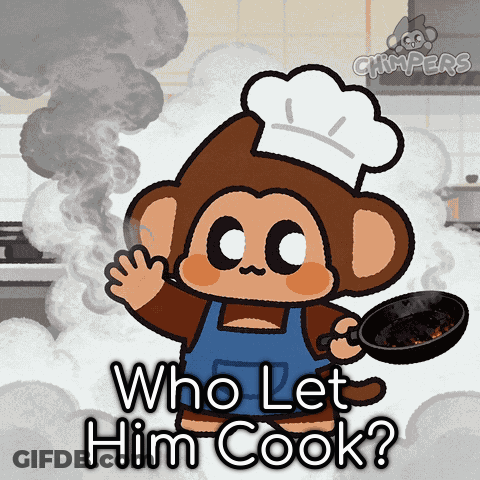 A Cartoon Of A Monkey Holding A Frying Pan With The Words " Who Let Him Cook " Below It GIF