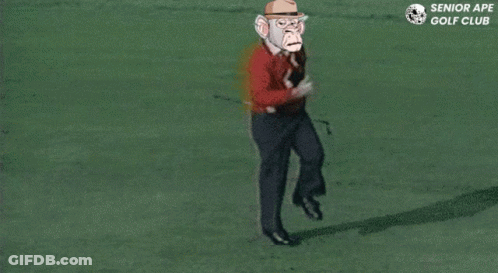 A Cartoon Of A Monkey Holding A Golf Club With The Words Senior Ape Golf Club Behind Him GIF