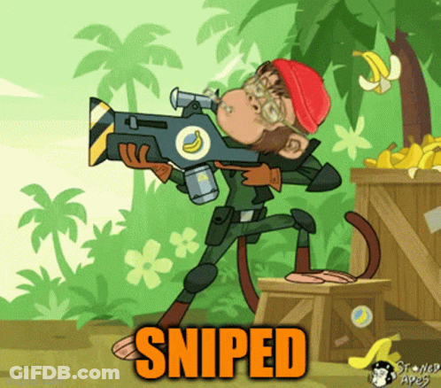 A Cartoon Of A Monkey Holding A Gun With The Word Sniped Above Him GIF