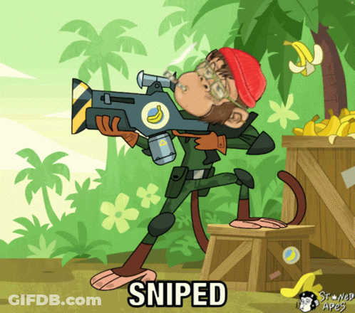 A Cartoon Of A Monkey Holding A Gun With The Word Sniped Underneath It GIF