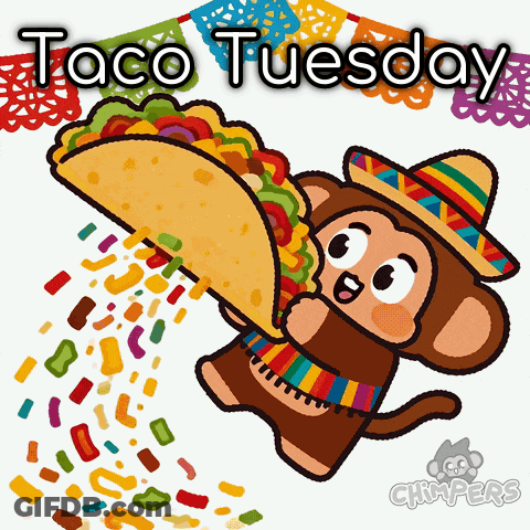 A Cartoon Of A Monkey Holding A Taco That Says Taco Tuesday On It GIF