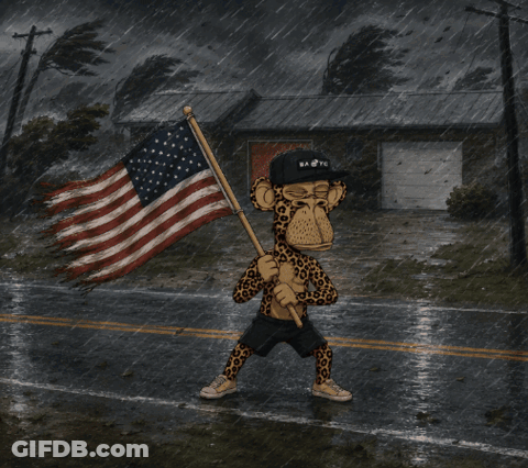 A Cartoon Of A Monkey Holding An American Flag In The Rain GIF