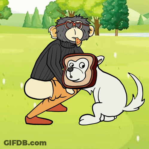 A Cartoon Of A Monkey Hugging A Dog With A Piece Of Toast On Its Head GIF