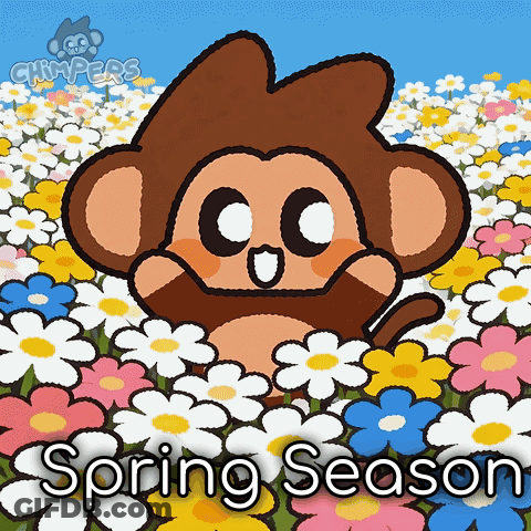 A Cartoon Of A Monkey In A Field Of Flowers With The Words Spring Season GIF