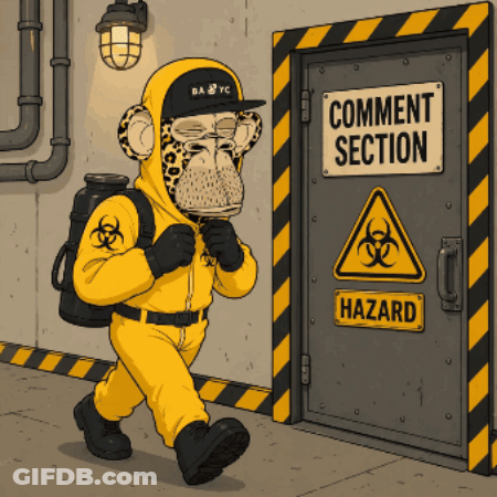 A Cartoon Of A Monkey In A Hazmat Suit Walking Towards A Door That Says Comment Section GIF