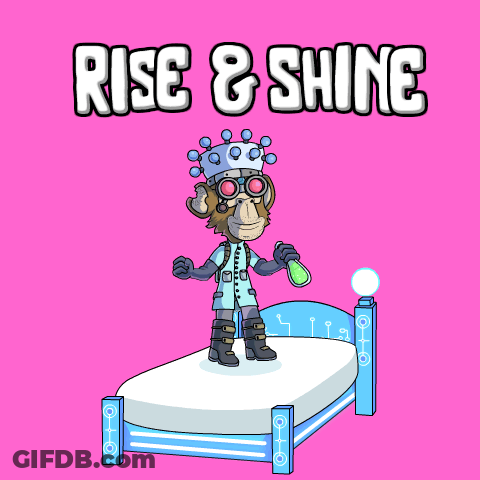A Cartoon Of A Monkey Jumping Over A Bed With The Words Rise & Shine Above It GIF