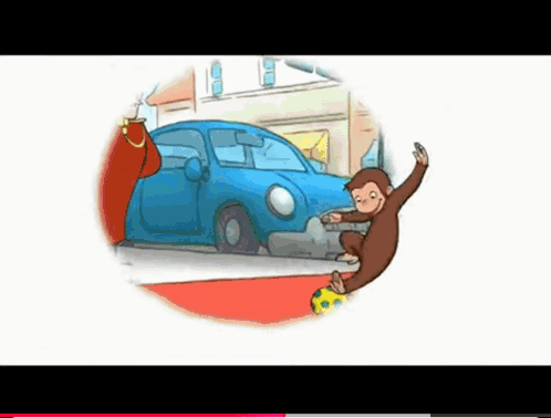 A Cartoon Of A Monkey Kicking A Soccer Ball In Front Of A Blue Car GIF