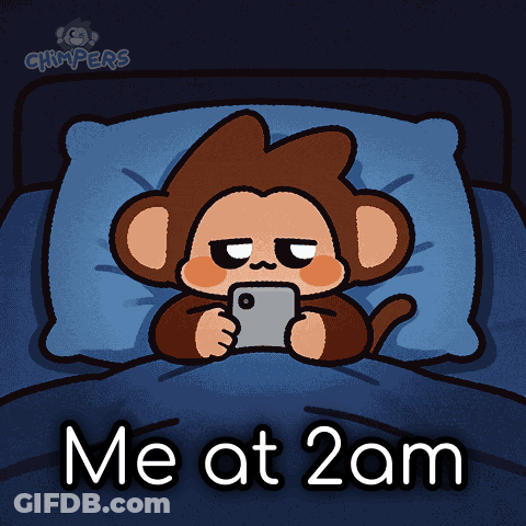 A Cartoon Of A Monkey Laying In Bed Looking At A Cell Phone With The Words " Me At 2Am " Below It GIF