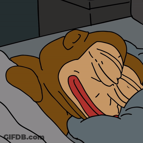 A Cartoon Of A Monkey Laying In Bed With His Tongue Hanging Out GIF