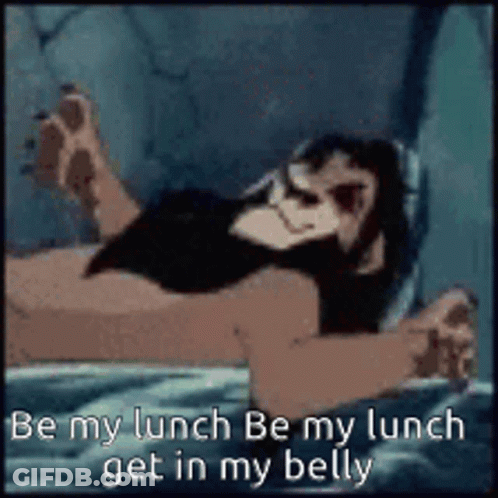 A Cartoon Of A Monkey Laying On A Bed With The Words `` Be My Lunch Be My Lunch Get In My Belly '' GIF