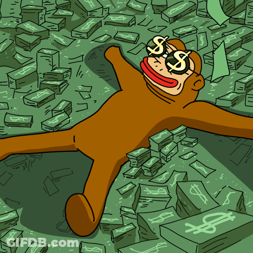 A Cartoon Of A Monkey Laying On A Pile Of Dollar Bills GIF