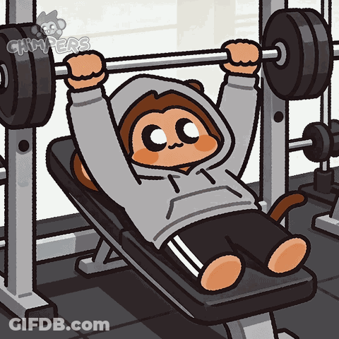 A Cartoon Of A Monkey Lifting A Barbell In A Gym With The Words Grimpers On The Bottom GIF