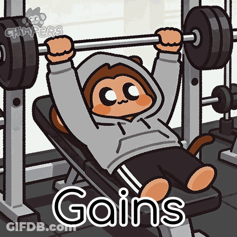 A Cartoon Of A Monkey Lifting Weights With The Words Gains Below Him GIF