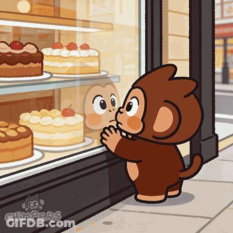 A Cartoon Of A Monkey Looking At Cakes In A Bakery GIF