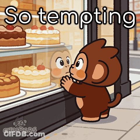 A Cartoon Of A Monkey Looking At Cakes In A Window With The Words So Tempting GIF