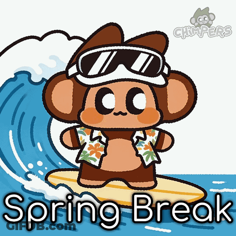 A Cartoon Of A Monkey On A Surfboard With The Words Spring Break Written Below It GIF