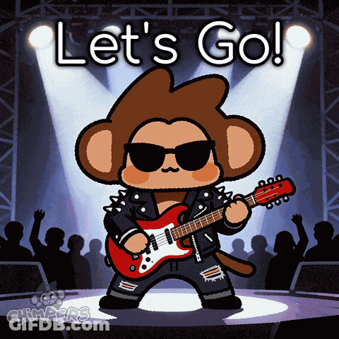 A Cartoon Of A Monkey Playing A Guitar And The Words Let 'S Go GIF