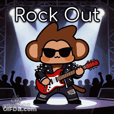 A Cartoon Of A Monkey Playing A Guitar With The Words Rock Out Below Him GIF