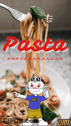 A Cartoon Of A Monkey Pointing At A Plate Of Pasta With The Word Pasta In Red GIF