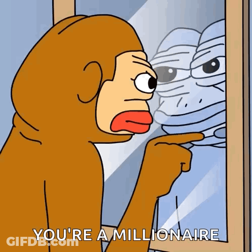 A Cartoon Of A Monkey Pointing At His Reflection In A Mirror With The Words You 'Re A Millionaire GIF
