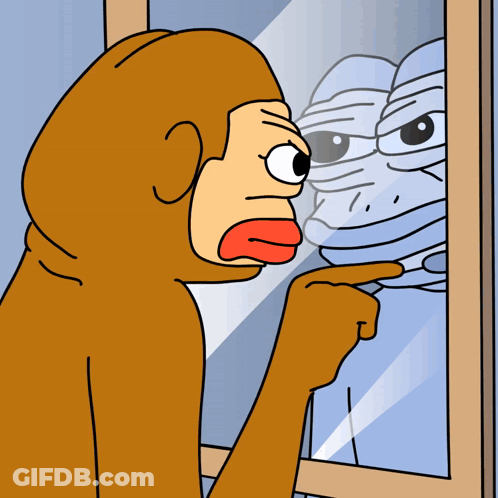 A Cartoon Of A Monkey Pointing At Its Reflection GIF