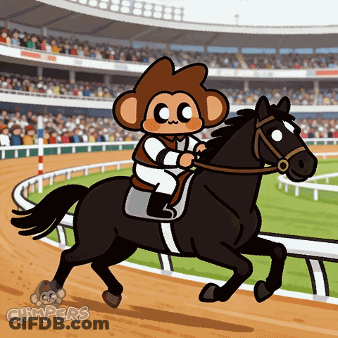 A Cartoon Of A Monkey Riding A Horse With The Word Chimpers Below It GIF