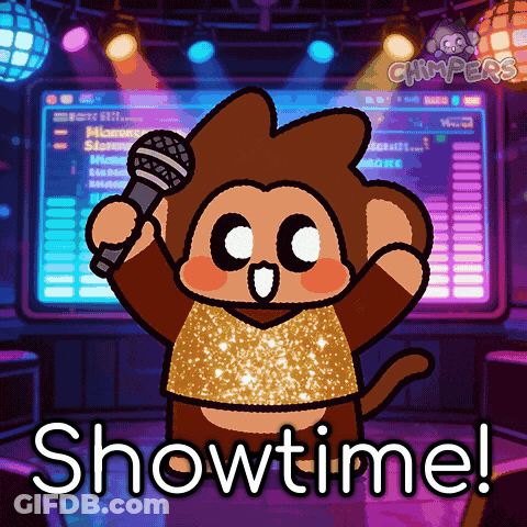 A Cartoon Of A Monkey Singing Into A Microphone With The Words Showtime Above It GIF