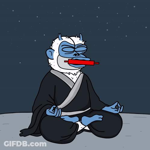 A Cartoon Of A Monkey Sitting In A Lotus Position With A Rolling Pin In His Mouth GIF