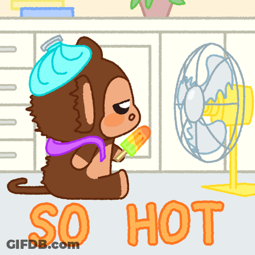 A Cartoon Of A Monkey Sitting In Front Of A Fan With The Word So Hot Below It GIF